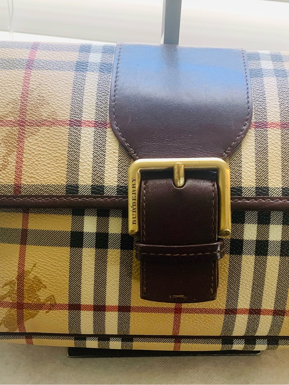 Burberry Beige Check shoulder  Bag with Brown Leather Trim and Gold Buckle